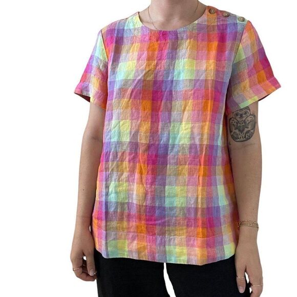 Lands End Womens Rainbow Checkered 100% Linen Pride Short Sleeve Blouse Sz M - Picture 1 of 6